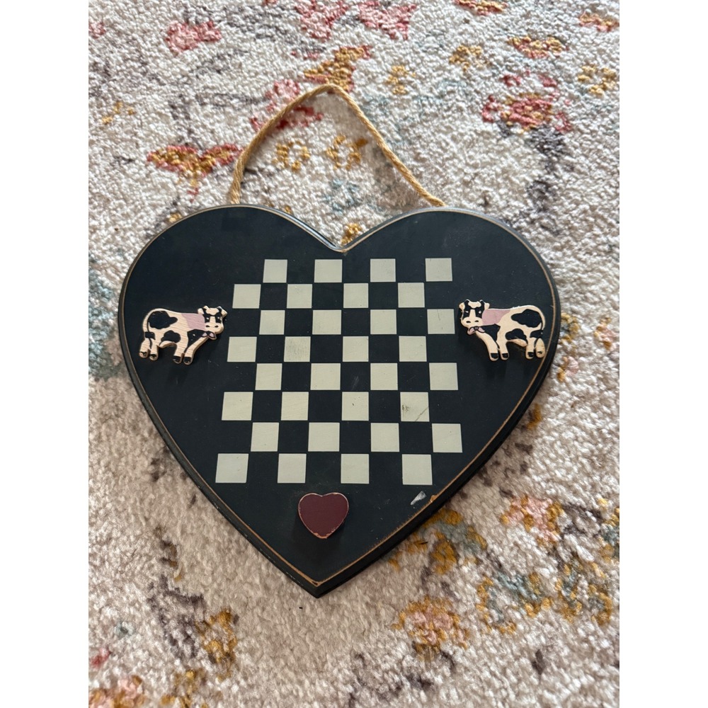 Vintage Rustic Wooden Heart Wall Hanging Plaque Cow Checkered Farmhouse Decor